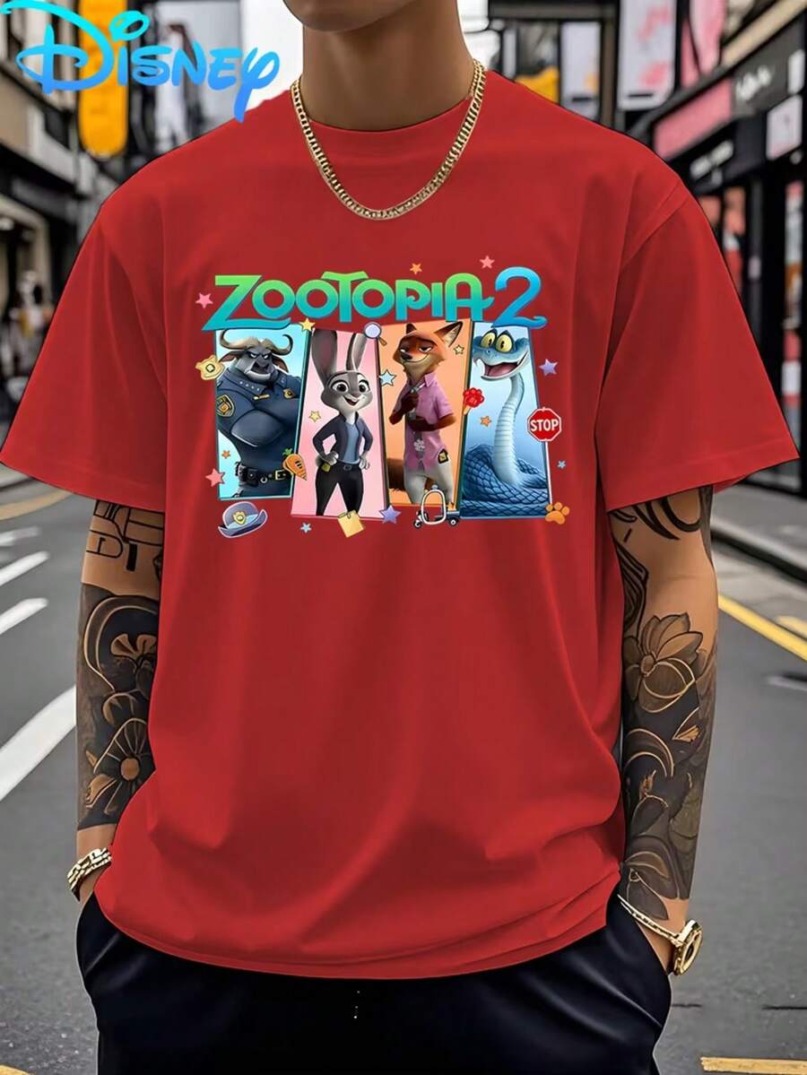 Men'sDisney Short-Sleeved T-Shirt,Printed With Zootopia's Classic Animated Character Pattern,Round Neck Shirt,Outdoor Men's Wear In Spring And Summer - 紅色 - 查看 1