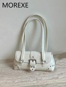 Women's Shoulder Bag, Fashion Studded Motorcycle Bag, Gold Street Style Versatile Underarm Bag, Baguette Bag - White - View 8