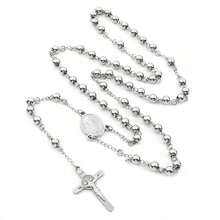Fashionable Women's Stainless Steel Necklace With Virgin Mary And Jesus Cross Pendant, Long Beaded Chain Design - Silver - View 1
