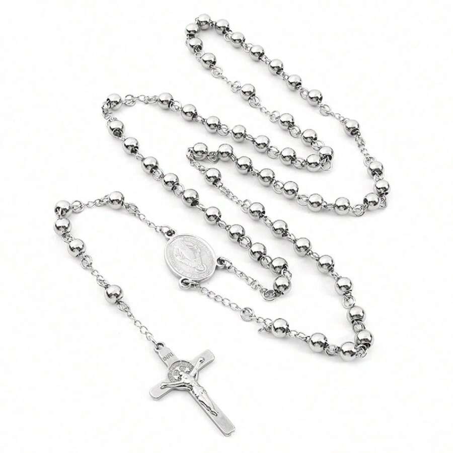 Fashionable Women's Stainless Steel Necklace With Virgin Mary And Jesus Cross Pendant, Long Beaded Chain Design - Silver - View 1