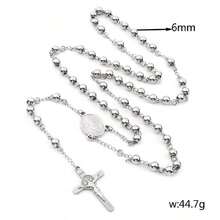 Fashionable Women's Stainless Steel Necklace With Virgin Mary And Jesus Cross Pendant, Long Beaded Chain Design - Silver - View 3