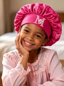 1pc Toddler Satin Hair Bonnet, Hair Protection, 3-8 Years Old Girls Sleep Cap, Floral & Letter Design, Adjustable Night Cap - Hot Pink - View 2