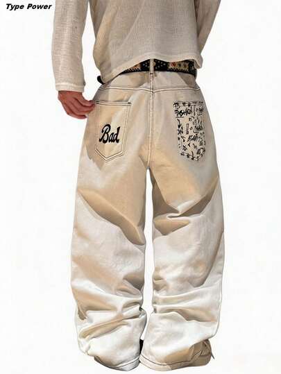 Type Power Men's Beige Graffiti Print Denim Jeans, Loose Wide Leg Pants, Y2K High Street Hip Hop Streetwear Style Denim Long Pants (Belt And Accessories Not Included)