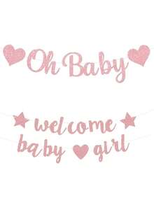 1組預串好嬰兒派對橫幅，附「Oh Baby」字母與玫瑰金亮片字母 | 性別揭曉派對裝飾 | 男嬰女嬰嬰兒派對裝飾 | 嬰兒性別揭曉派對用品 | 嬰兒派對居家裝飾禮品 - 彩色 - 查看 1