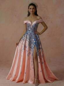 Off-Shoulder Long Elegant Sophisticated Tailored Applique & Print Pattern Strapless Evening Gown Wedding Party - Baby Pink - View 4