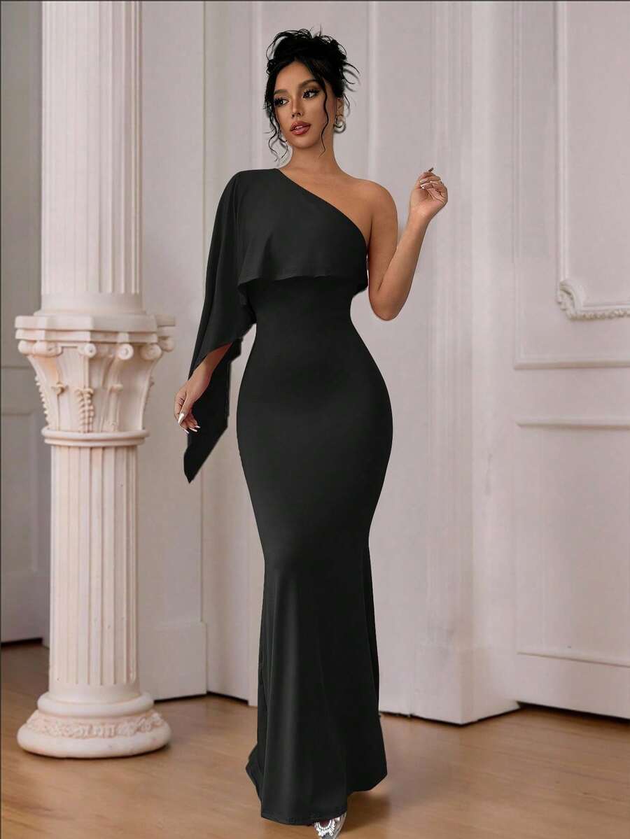 xheSelianne 1 pieza Vestido maxi elegante de mujer de unicolor con un hombro, mangas de murciélago y bajo de cola de pez ajustadoxhe