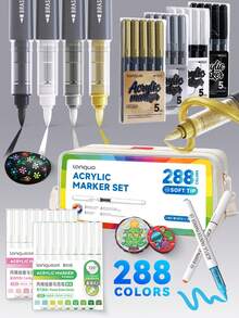 Languo 9/96/192/207/240/288 Colors Acrylic Paint Marker Set, Soft Tip Painting Pens, Quick Drying And Fade-Resistant, Suitable For Painting, Illustration, Handicrafts, School Coloring Books And Other DIY Projects, Applicable To Paper, Fabric, Wood, Stone, Plastic, Glass, Ceramic, Pumpkin, Metal, Etc., Suitable For Easter, Thanksgiving, Halloween, Christmas Gifts - Multicolor - View 11