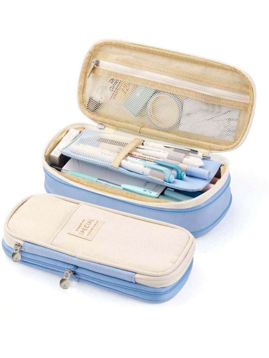 Expandable School Bag, Large Capacity Pencil Case, Pencil Bag, Stationery Bag - Blue - View 1