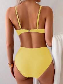 Summer Solid Color Sexy Elegant Bohemian Double Strap Sweet Style Two Pieces Bikini Swimsuit Beach Vacation Set - Light Yellow - View 3