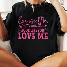 Cotton Excuse Me You Look Like You Love Me & Meme Cute Excuse Me T-Shirt 's Wo's Soft Breathable Tee Classic Fashion Summer Tops - Negro - Ver 1