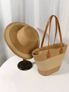 1pc Women's Bohemian Style Wide Brim Straw Hat And 1pc Woven Shoulder Bag Set, Elegant Sun Hat Beach Tote Bag, Suitable For Outdoor Leisure, Travel, Vacation - Hat and Bag Set - View 11