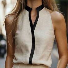 dahkjdgajy  Camisa casual sin mangas con cuello de solapa y ribete de contraste para mujer, primavera/verano - Marrón - Ver 2