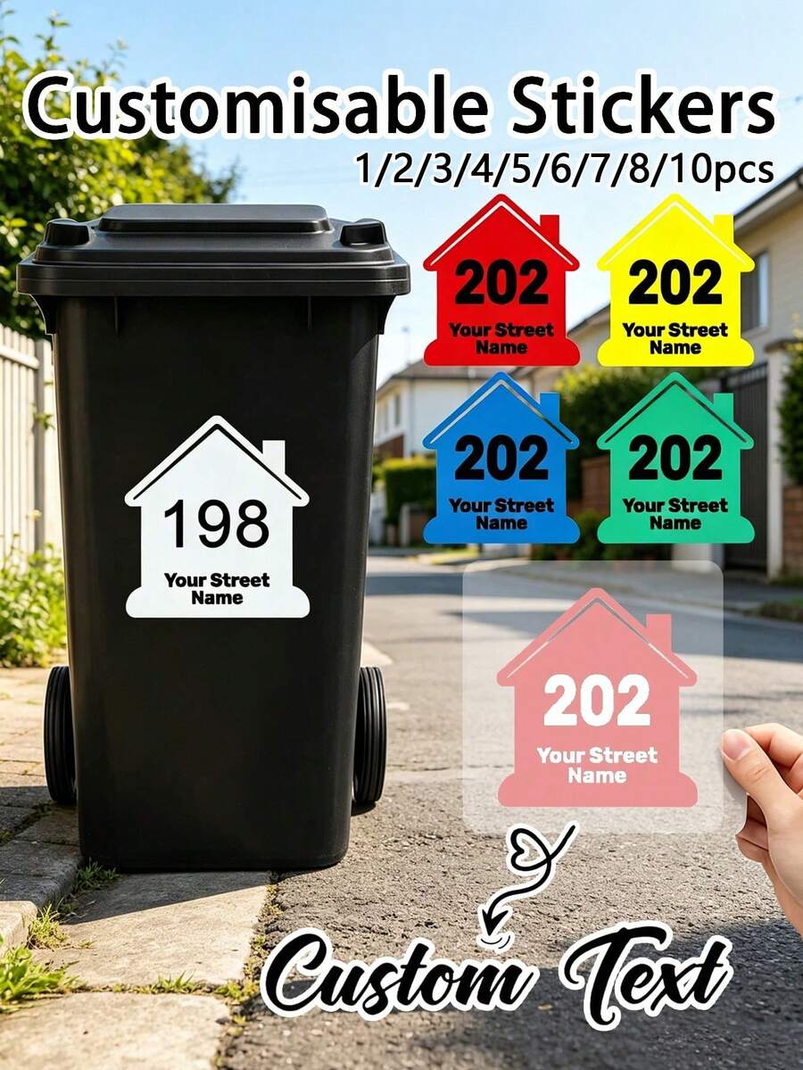 1/2/3/4/5/6/7/8/10件客製化垃圾桶標籤 & 輪式垃圾桶貼紙 - 建立一個包含您的門牌號碼和街道名稱的個性化垃圾桶。耐候性強且設計為平滑、牢固的黏著;採用高品質工藝以提供 - 彩色 - 查看 1