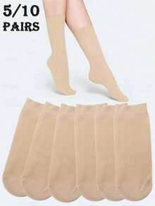 5/10 Pairs Solid Color Non-Slip Breathable Mid-Calf Stockings - Clear - View 1