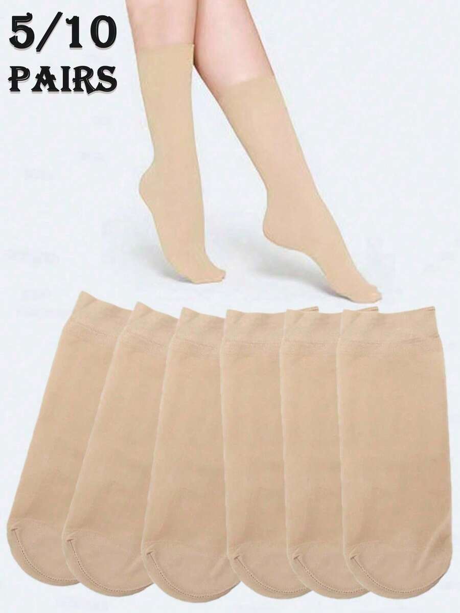 5/10 Pairs Solid Color Non-Slip Breathable Mid-Calf Stockings - Clear - View 1