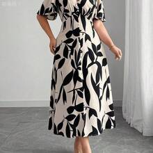 yonghongmaoyi1  Vestido de media manga con cuello en V, cintura con lazo, botones decorativos en el bajo y abertura, estilo elegante francés para uso casual - Rosa - Ver 4