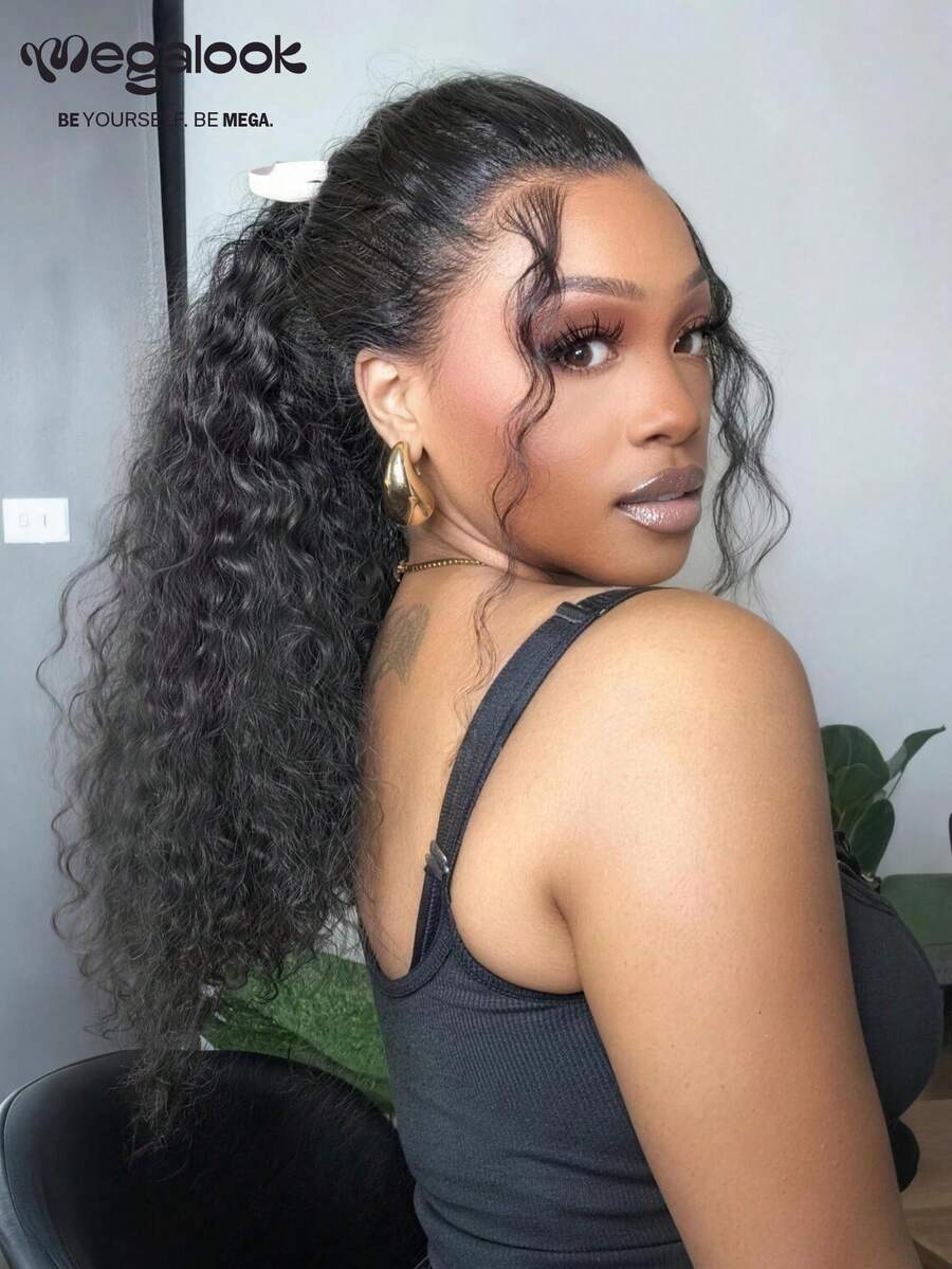 MEGALOOK Peruca Lace Front 360 Deep Curly 100% Cabelo Humano, Tira Invisível, Ajuste Firme, Sem Cola, Cor Natural, Pré-Arrancada, Renda Pré-Cortada, Cabelo Brasileiro, Peruca Lace Frontal Transparente para Mulheres - SNatural - Visão 1