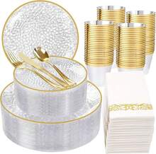 350pcs Elegant Hammered Clear Disposable Dinnerware Set Includes Plates Cutlery Cups Napkins For Parties And Weddings - Clear Gold - View 8