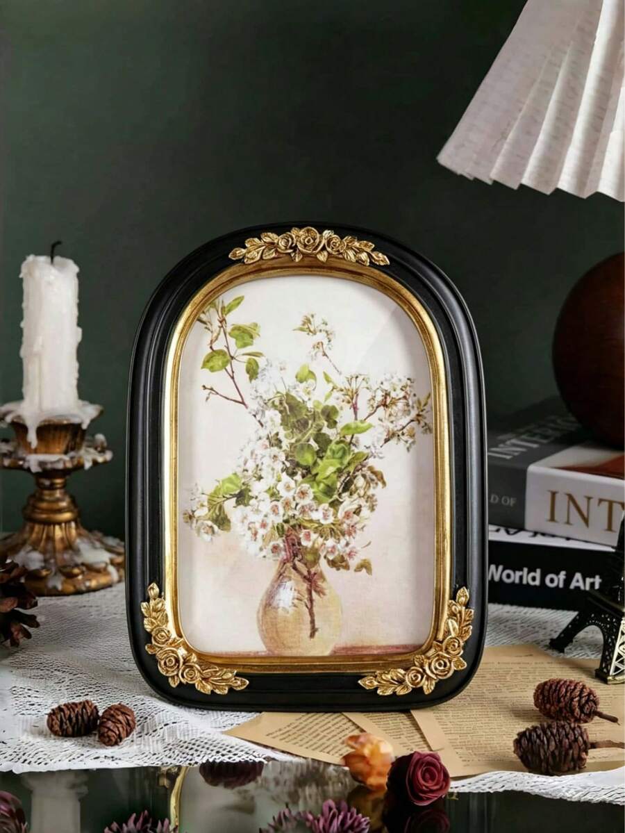Black And Gold Vintage Arched Photo Frame, 5x7 And 8x10 Inch Vintage Photo Frame, Exquisite Black And Gold Floral Pattern, Handmade Textured Resin, Antique Style Photo Frame, Suitable For Wall Decor, Also As Wedding Bride Gift Or Holiday Gift. - A - View 1