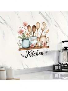 1 Pc Watercolor Kitchen Wall Decal, Removable Self-Adhesive Vinyl Wall Sticker With Utensils And Flowers, Peel And Stick Mural, Suitable For Kitchen Home Decor - Watercolor Kitchen - View 4