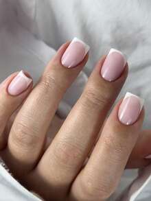 24 pièces Ongles à presser courts brillants carrés avec bout français, rose & blanc, réutilisables, pour femmes, fournitures d'art des ongles, bouts d'ongles - Blanc - Voir 2