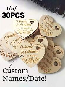 1/5/30pcs Personalized Name Wedding Heart Magnets, Customizable Groom & Bride Labels, Rustic Style Place Cards, Party Favors, Guest Gifts, Wedding Souvenirs, Halloween Decor, Christmas Home Decor. Wooden Personalized Wedding Heart Magnets - Beige Rustic Style Customizable Groom & Bride Labels, With Elegant Cursive Font, Perfect For Party Favors, Guest Gifts And Wedding Decor. - Multicolor - View 2