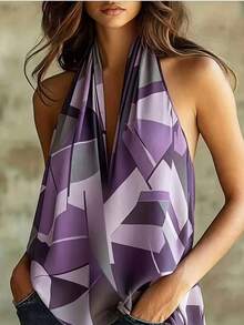 Geometric Pattern Backless Bohemian Top Vacation Summer - Violet Purple - View 3