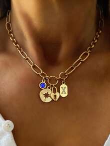 1PC Gold Initial Necklace, Luxurious Round Buckle With Letters, And Octagonal Pendant Necklace, Suitable For Ladies' Exquisite Holiday Party Gifts - Yellow Gold - View 6