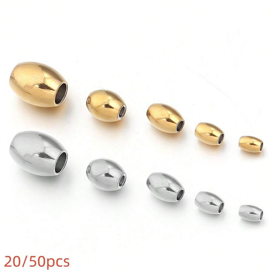 20/50pcs Stainless Steel Rice Beads, Multi-Size Plated Oval Beads For Bracelet Chain, DIY Jewelry Making Spacer Beads