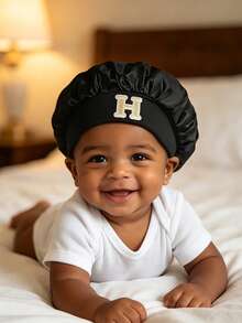 1 pieza Gorro de dormir de satén negro para niñas, gorro de dormir de seda negra para niños, protección suave del cabello para la noche, adecuado para la escuela, fiesta de pijamas y viajes, 1-3 años - Negro - Ver 3