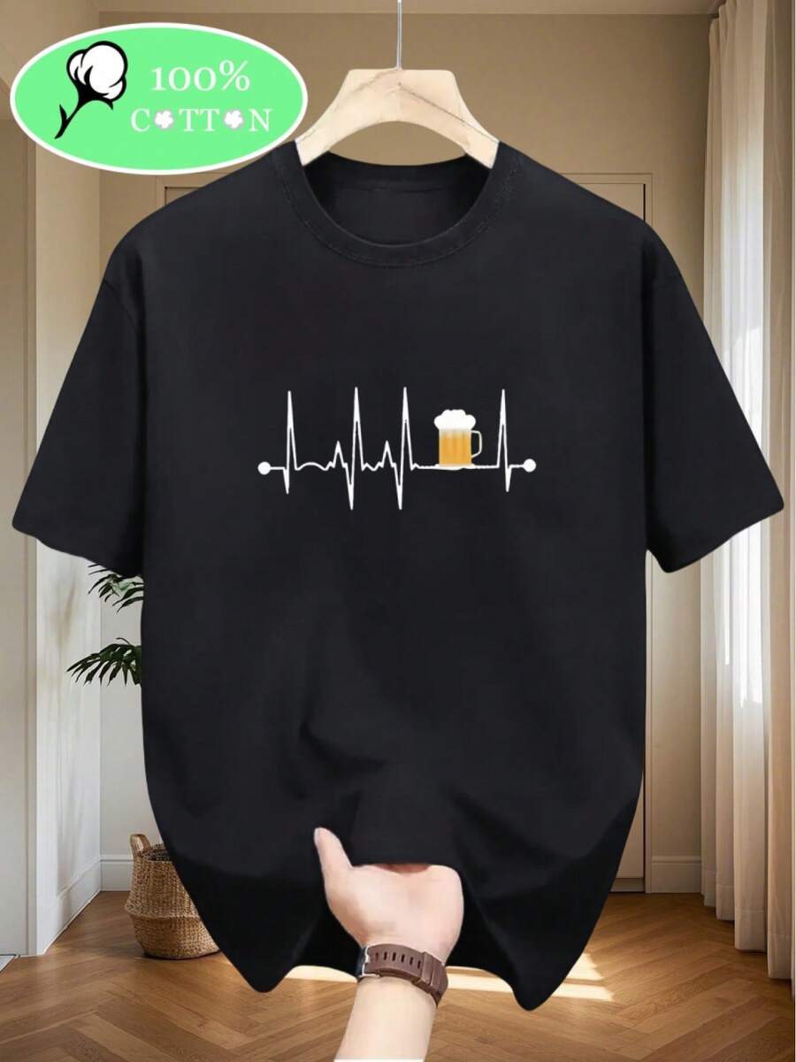 Camiseta de Hombre% Algodón, Cuello Redondo, Manga Corta, Estampado de Cielo Estrellado, Estilo Casual - Negro - Ver 1