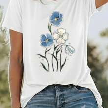 Fashionable Women's Clothing, Women's T-Shirts, Fashion Clothing, Parties, Campus, Travel, Blue Flower, White Flower - 黑 - 查看 2