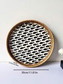 1 pieza Cesta de almacenamiento de ratán con base de madera incrustada de concha de perla, bandeja de servicio para decoración del hogar, sin contacto con alimentos - Amarillo - Ver 29