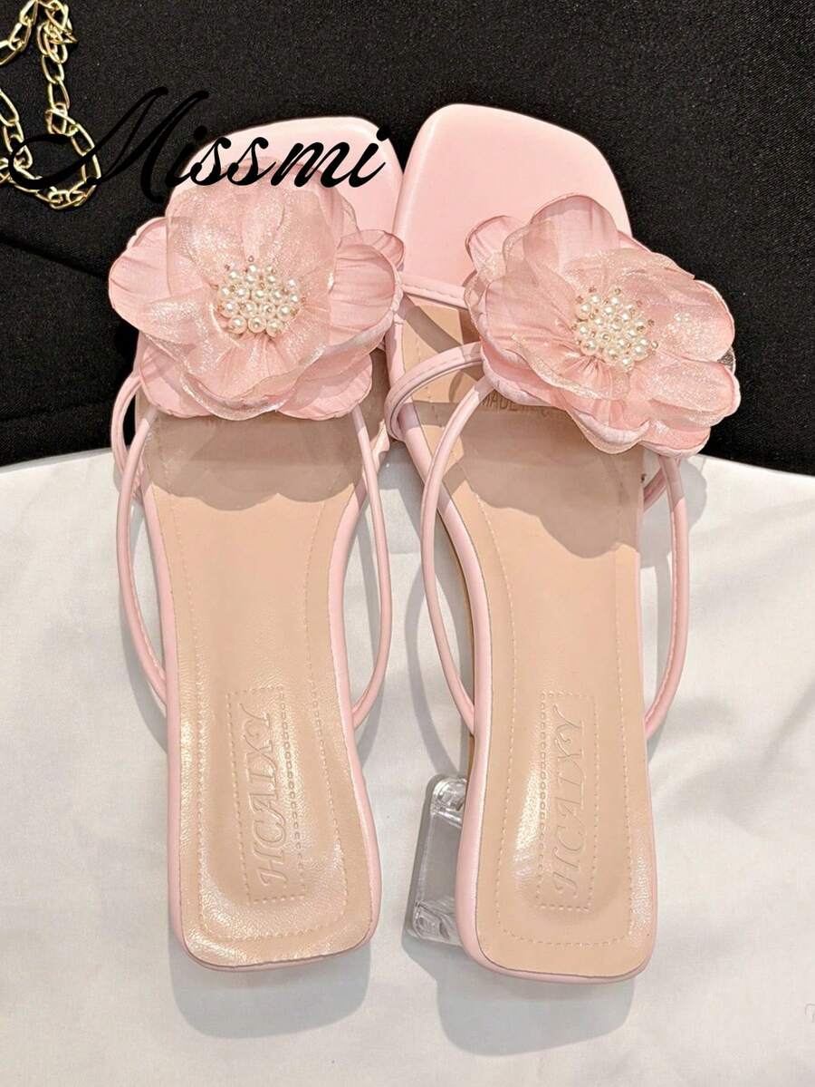 2025 Summer New French Thick Heel Faux Pearl Flower Strap Sandals, Open Toe Versatile Mid-Heel Slippers For Women - Pink - View 1