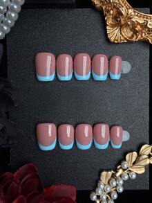 10片短方型手工穿戴式假指甲，極簡時尚裸色與藍色法式美甲套組，光滑亮面壓克力假指甲組，適合女性日常佩戴 - 彩色 - 查看 4