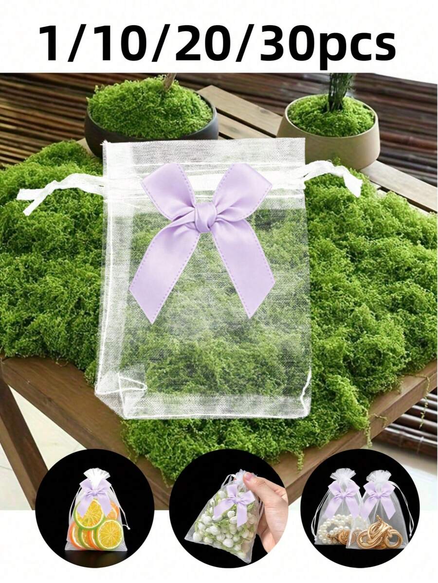 30/20/10/1 蝴蝶結歐根紗袋 珠寶袋 迷你抽繩袋 婚禮回禮袋 節慶派對禮品包裝袋 尼龍收納袋 情人節大宗禮品 網紗香囊袋 適用於聖誕節、婚禮、生日與節慶禮物 - 白色歐根紗紫色蝴蝶結 - 查看 1