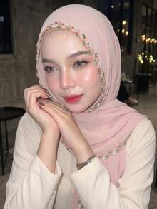 1件女款刺繡梅花雪紡頭巾，柔軟透氣舒適百搭圍巾，防曬頭巾長巾，希賈布，頭巾，簡約百搭適合日常出遊，四季皆宜 - 多色-梅花刺繡邊長巾 - 查看 2