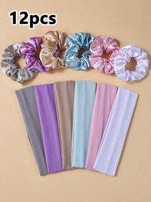 12 piezas Juego de accesorios para el cabello de niñas con diademas deportivas antideslizantes y absorbentes de sudor con colores a juego y coleteros de satén para yoga y uso diario - Multicolor - Ver 1