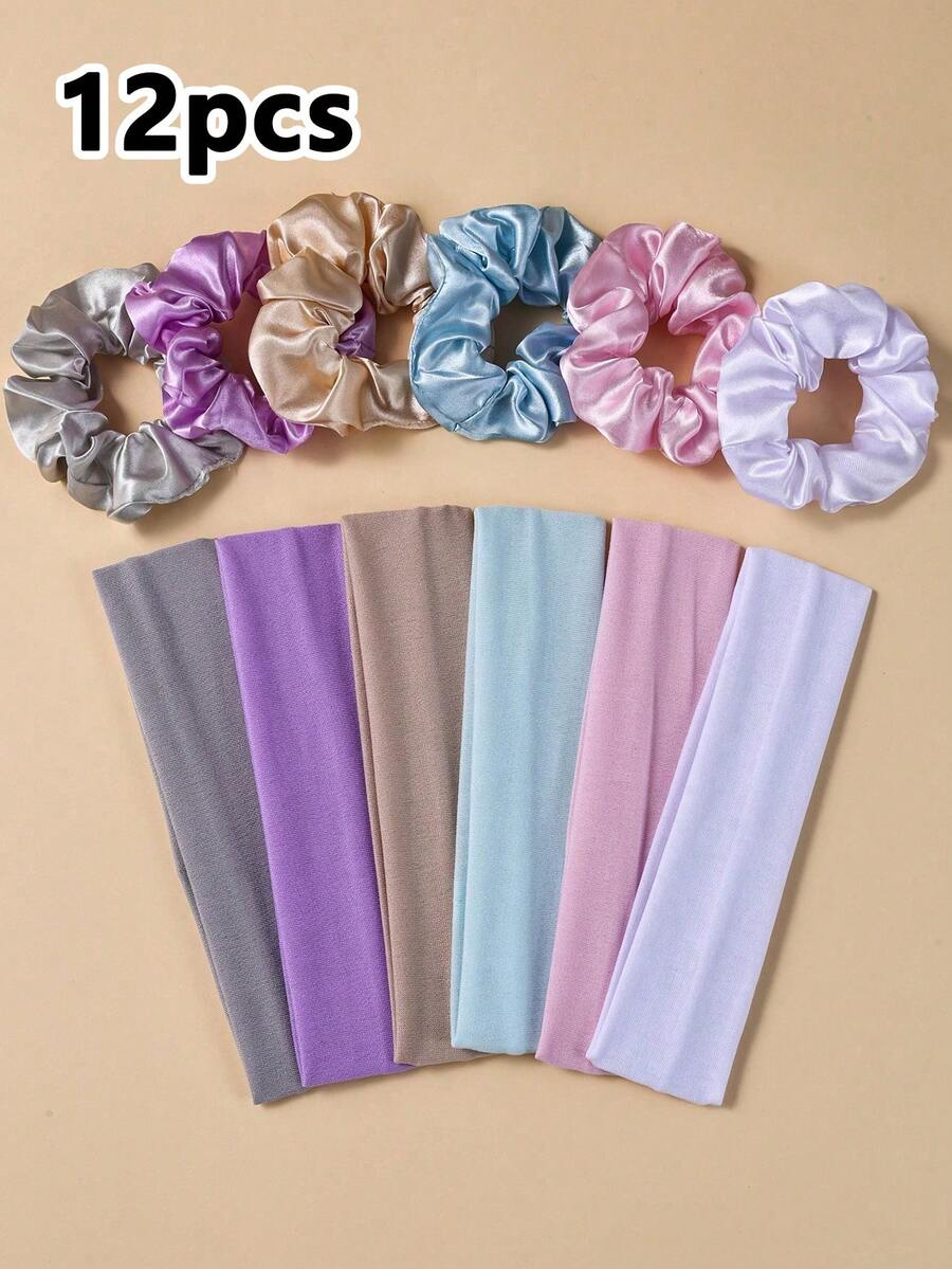 12 piezas Juego de accesorios para el cabello de niñas con diademas deportivas antideslizantes y absorbentes de sudor con colores a juego y coleteros de satén para yoga y uso diario - Multicolor - Ver 1