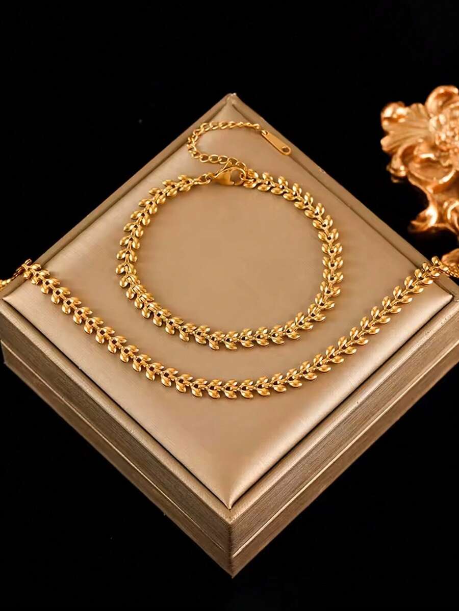 RAYQUEEN 1 Set Stainless Steel Fashion Versatile Personalized Necklace And Bracelet Set Decorative Accessories For Women, Suitable For Daily Wear And Holiday Gifts - Yellow Gold - View 1