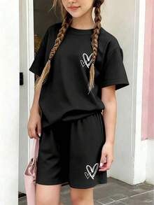 2pcs/Set Teenage Girls' Heart Print Short Sleeve T-Shirt And Shorts Set, Casual Loose Fit, Suitable For Vacation And Shopping Outings, Summer - Black - View 1
