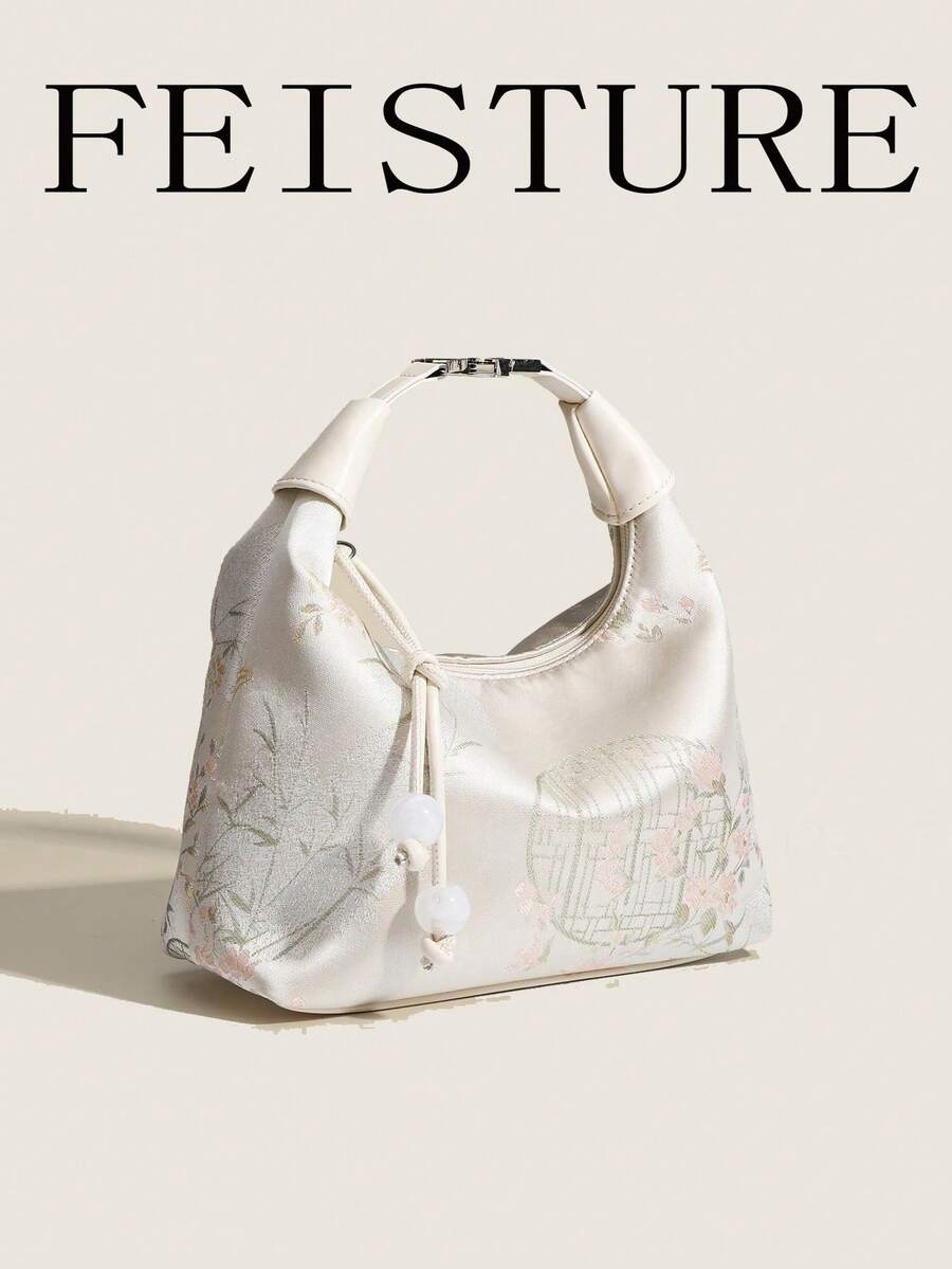 FEISTURE 1 pieza Bolso de mano sólido estilo Chino con patrón de bordado hecho de tela de nailon, adecuado para compras, citas, regalos para mujeres, mujeres de oficina, perfecto para trabajo, campus y desplazamiento
