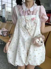 2026 Summer New Arrival: Cute Floral Print Jumpsuit And Checkered Blouse Set - Girly Style - [Single Item] Overalls Shorts - View 10