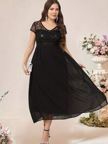 Talla Grande - Vestido de Encaje con Abertura en la Espalda y Ajuste en la Cintura para Mujer de Talla Grande - Negro - Ver 3