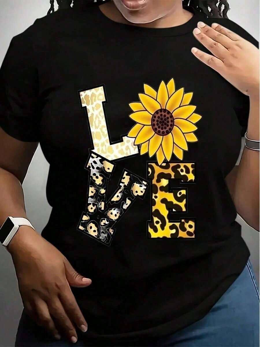 Camiseta casual de mujer con estampado de girasoles y leopardo.Blusas para mujer. Queda bien en todo tipo de figuras y se puede usar todo el año