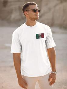 Camiseta de manga corta con cuello redondo para hombre, estilo seda, con la bandera de México (talla S), de mezcla de algodón informal. - Blanco - Ver 2