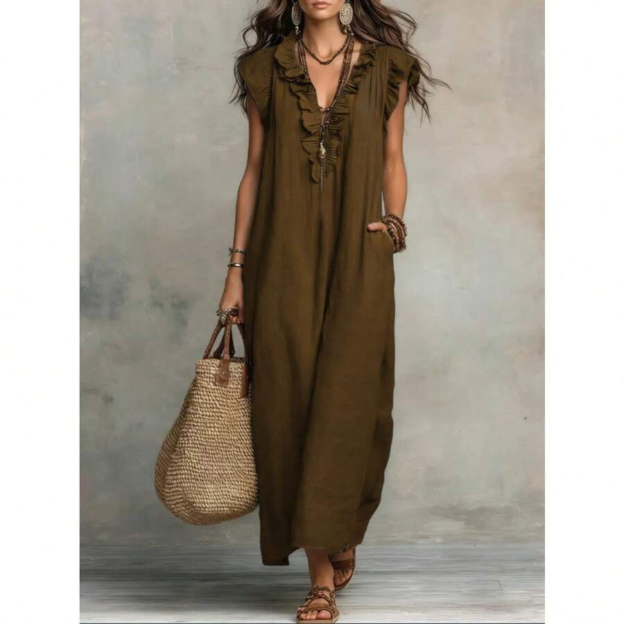 2026 European And American Spring And Summer New Bohemian Flying Sleeves And Ground Length - Cokelat tua - View 1