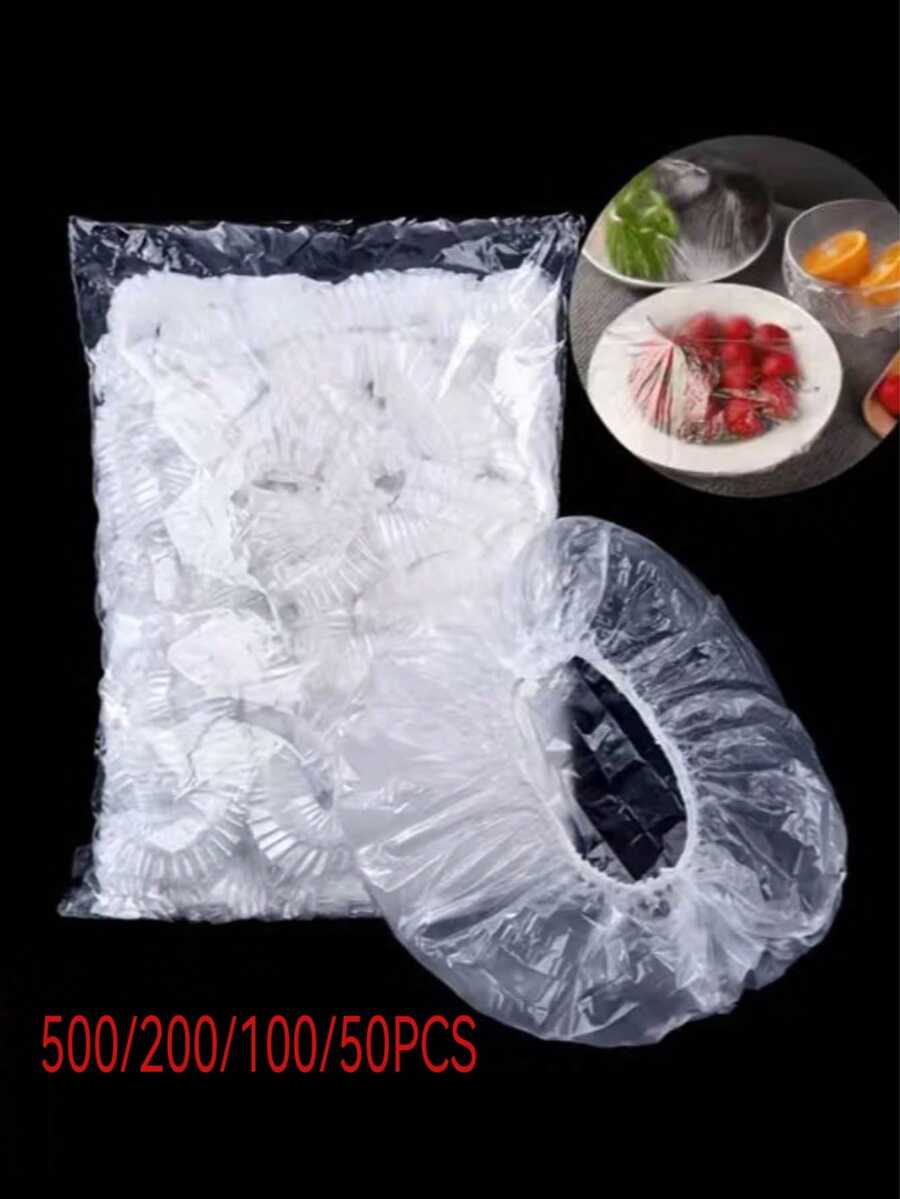 1包50/100/200/500個食品保鮮膜與浴帽套組，可重複使用PE保鮮膜蓋，適用於食品容器，透明塑膠保鮮膜，PE薄膜袋，彈性碗蓋，返校季