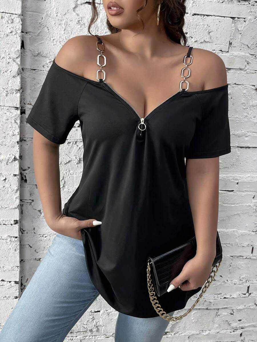 Women's Plus Size Plain Off-Shoulder Top - Black - View 1