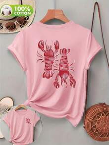 Women's Casual Watercolor Lobster Print Round Neck Short Sleeve T-Shirt, Suitable For Spring, Summer And Autumn Pink - Pink - View 5